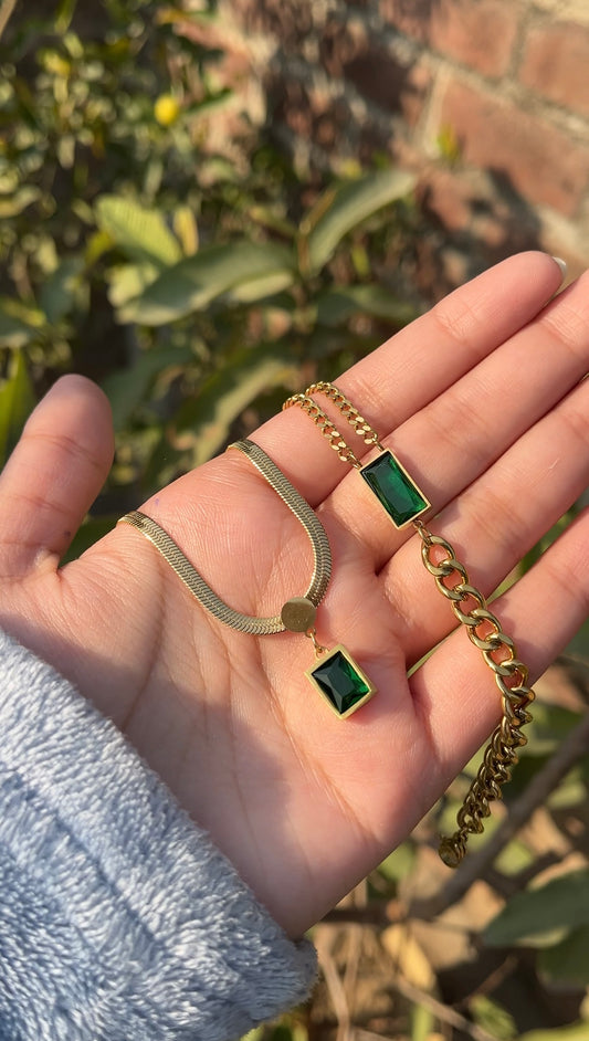 Stainless steel 18k emerald green pendant + bracelet